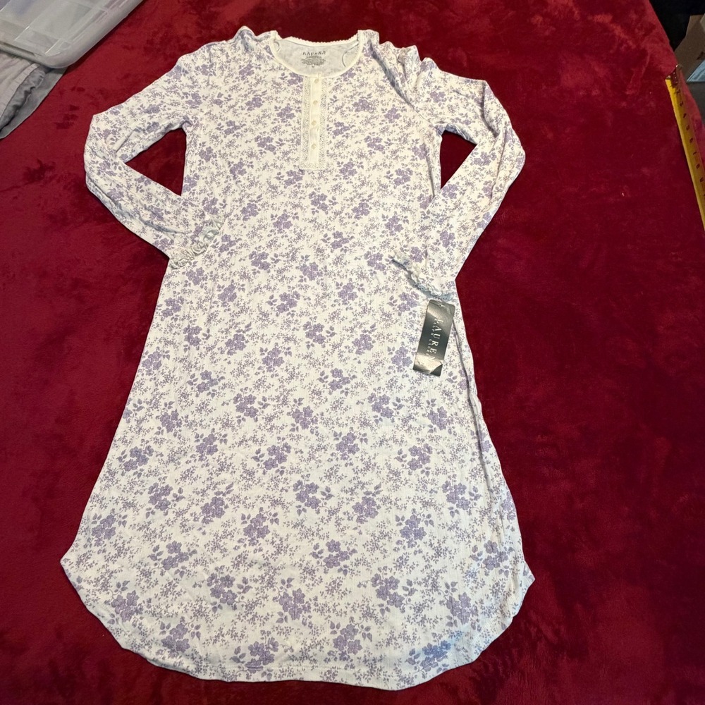 Lauren Ralph Lauren The Heiress Floral Nightgown Purple Cream Long Sleeve Medium